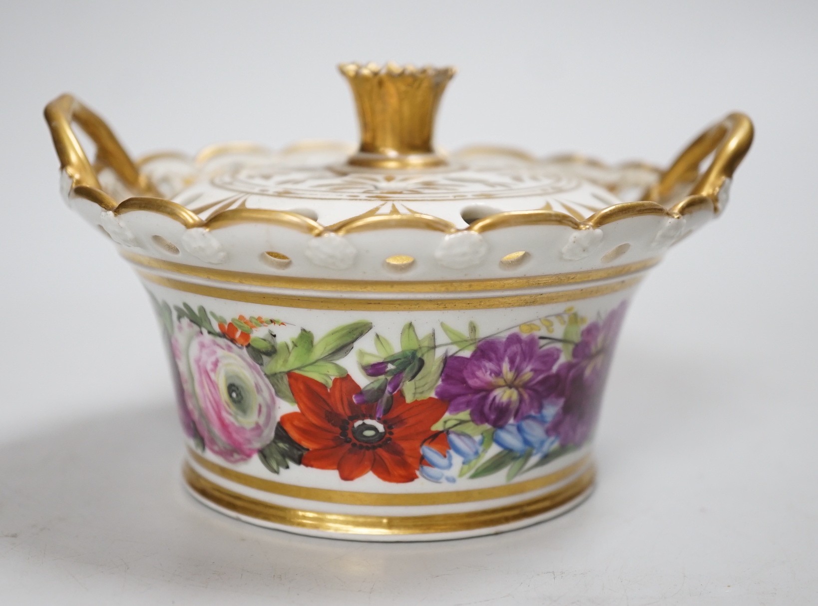 A Coalport pot pourri basket and cover painted with flowers, perhaps in the workshop of Thomas Baxter c.1805-10